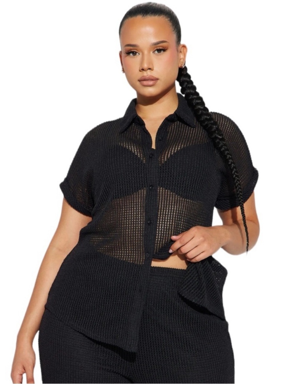 Fashion Nova Black Crochet Button-Up Top NWT 1X